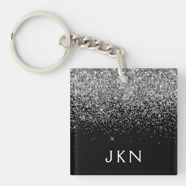 Silver Black Glitter Monogram Girly Name Initials Keychain (Front)
