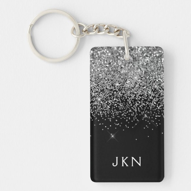 Silver Black Glitter Monogram Girly Name Initials Keychain (Front)