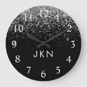 Silver Black Glitter Monogram Girly Name Initials Large Clock