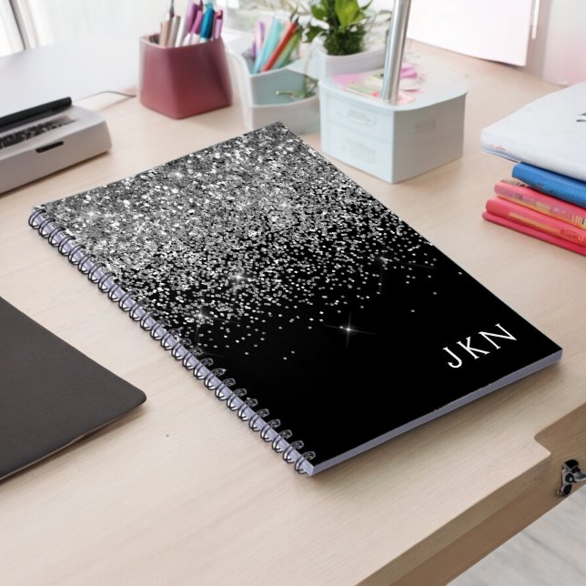 Silver Black Glitter Monogram Girly Name Initials Notebook (Creator Uploaded)