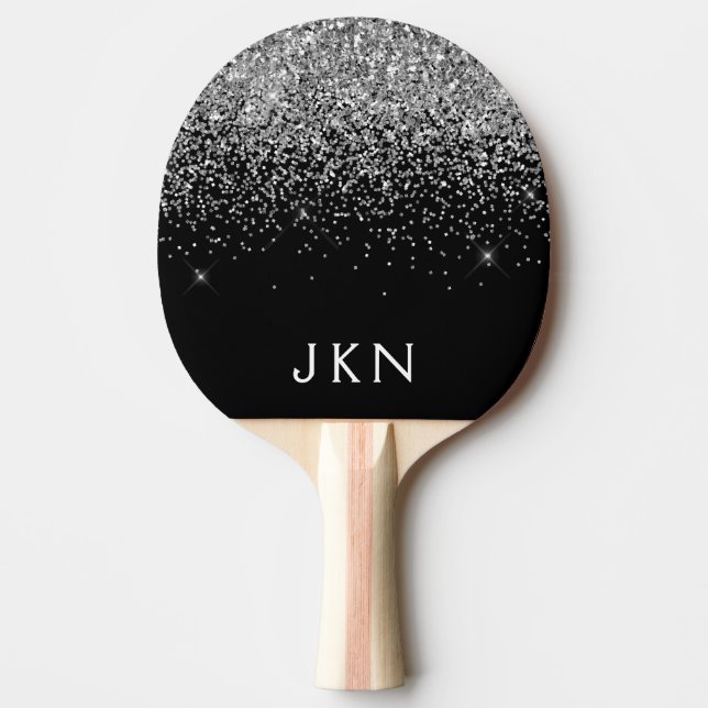 Silver Black Glitter Monogram Girly Name Initials Ping Pong Paddle (Front)