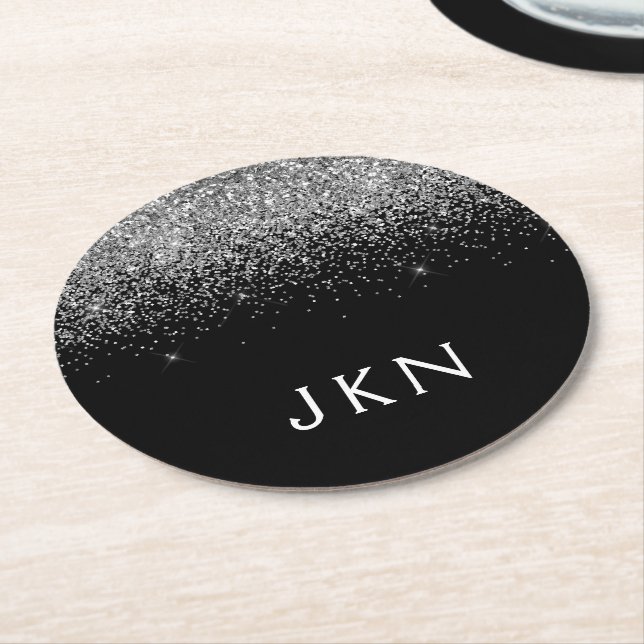 Silver Black Glitter Monogram Girly Name Initials Round Paper Coaster (Angled)