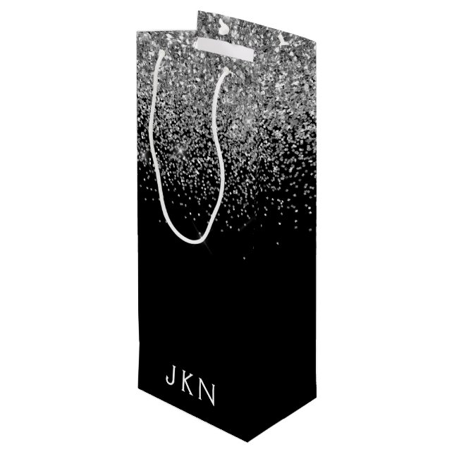 Silver Black Glitter Monogram Girly Name Initials Wine Gift Bag (Back Angled)