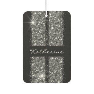 Silver Black Glitter Racing Stripes Monogrammed Air Freshener