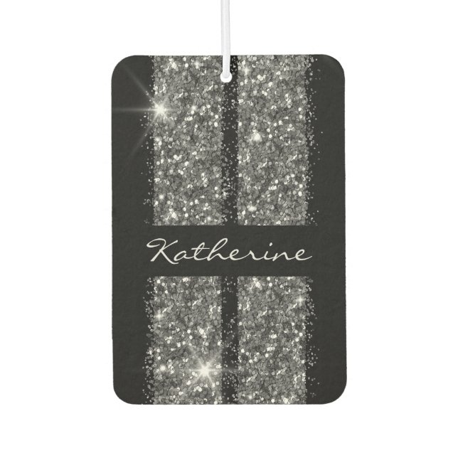 Silver Black Glitter Racing Stripes Monogrammed Air Freshener (Front)