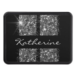 Silver Black Glitter Racing Stripes Personalized Trailer Hitch Cover