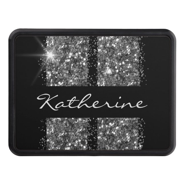 Silver Black Glitter Racing Stripes Personalized Trailer Hitch Cover (Front)