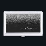 Silver Black Glitter Script Monogram Girly Name Business Card Holder<br><div class="desc">Black and Silver Sparkle Glitter Script Monogram Name Business Card Holder. This makes the perfect sweet 16 birthday,  wedding,  bridal shower,  anniversary,  baby shower or bachelorette party gift for someone that loves glam luxury and chic styles.</div>