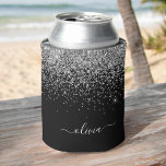 Silver Black Glitter Script Monogram Girly Name Can Cooler<br><div class="desc">Black and Silver Glitter and Sparkle Elegant Birthday or Bachelorette Party Can Coolers. These Wedding,  Bridal Shower or Birthday Party Can Coolers can be customized to include your first name. Please contact the designer for customized matching items.</div>