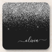 Silver Black Glitter Script Monogram Girly Name