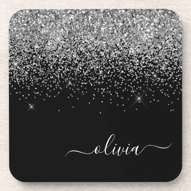 Silver Black Glitter Script Monogram Girly Name Coaster (Front)