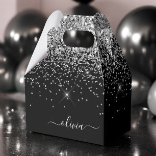 Silver Black Glitter Script Monogram Girly Name Favor Box