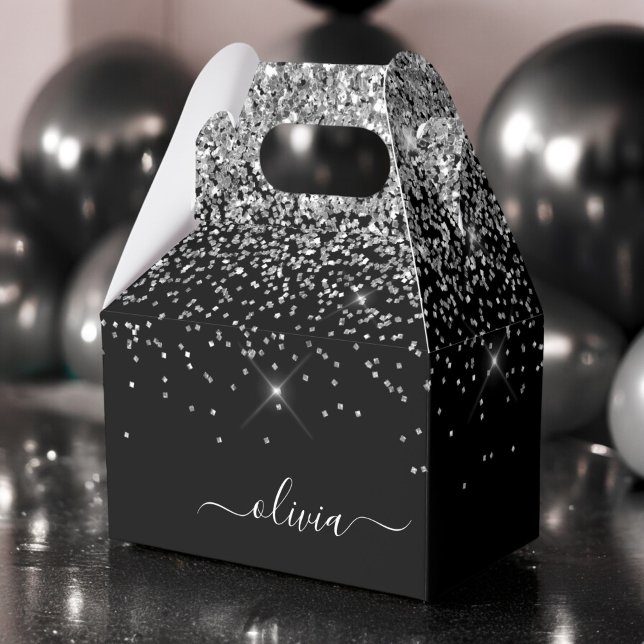 Silver Black Glitter Script Monogram Girly Name Favor Box (Creator Uploaded)