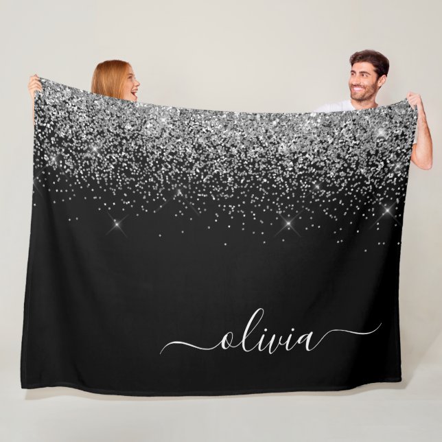 Silver Black Glitter Script Monogram Girly Name Fleece Blanket (In Situ)