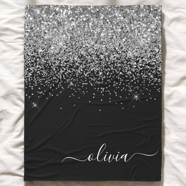 Silver Black Glitter Script Monogram Girly Name Fleece Blanket (Creator Uploaded)