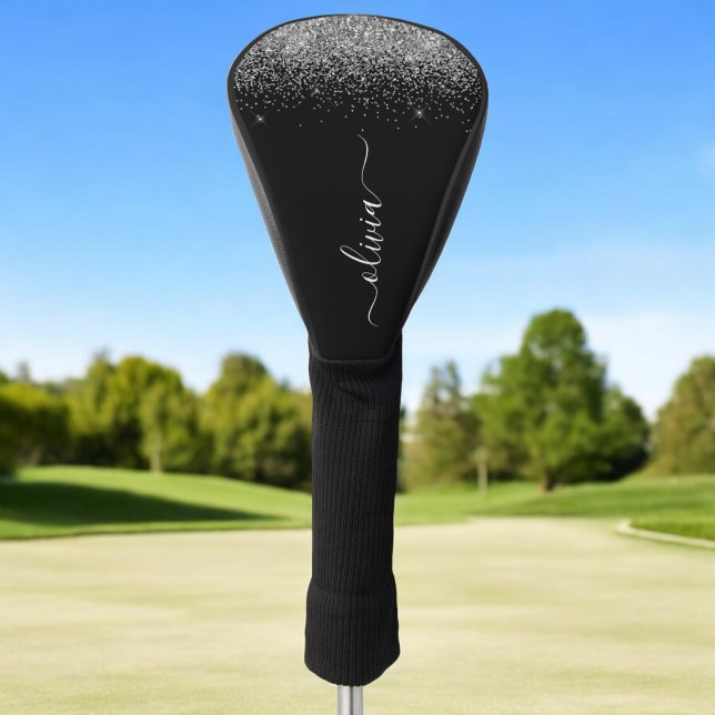 Silver Black Glitter Script Monogram Girly Name Golf Head Cover (Creator Uploaded)