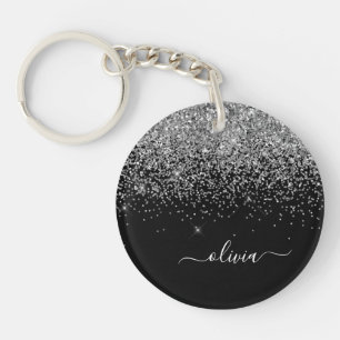 Silver Black Glitter Script Monogram Girly Name Keychain