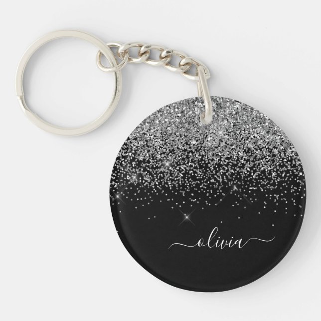 Silver Black Glitter Script Monogram Girly Name Keychain (Front)