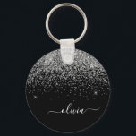 Silver Black Glitter Script Monogram Girly Name Keychain<br><div class="desc">Black and Silver Sparkle Glitter Script Monogram Name Keychains (Key Chain). This makes the perfect sweet 16 birthday,  wedding,  bridal shower,  anniversary,  baby shower or bachelorette party gift for someone that loves glam luxury and chic styles.</div>
