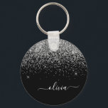 Silver Black Glitter Script Monogram Girly Name Keychain<br><div class="desc">Black and Silver Sparkle Glitter Script Monogram Name Keychains (Key Chain). This makes the perfect sweet 16 birthday,  wedding,  bridal shower,  anniversary,  baby shower or bachelorette party gift for someone that loves glam luxury and chic styles.</div>