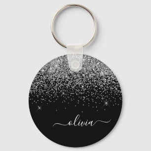 Silver Black Glitter Script Monogram Girly Name Keychain