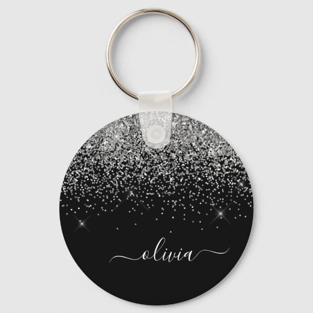 Silver Black Glitter Script Monogram Girly Name Keychain (Front)