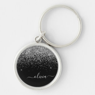 Silver Black Glitter Script Monogram Girly Name Keychain