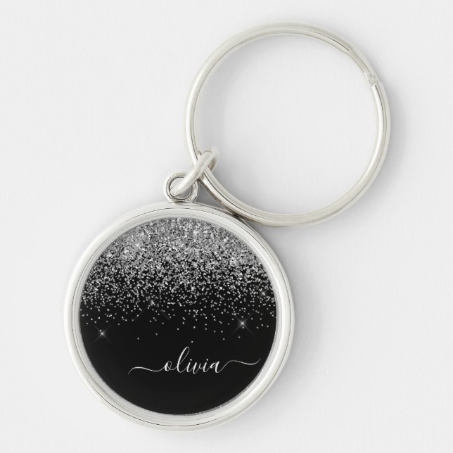 Silver Black Glitter Script Monogram Girly Name Keychain (Front)