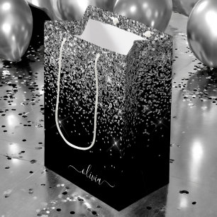 Silver Black Glitter Script Monogram Girly Name Medium Gift Bag