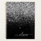 Silver Black Glitter Script Monogram Girly Name