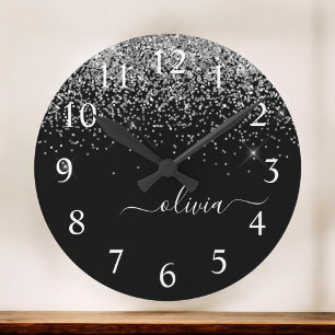 Silver Black Glitter Script Monogram Girly Name Round Clock
