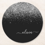 Silver Black Glitter Script Monogram Girly Name Round Paper Coaster<br><div class="desc">Black and Silver Sparkle Glitter Script Monogram Name Paper Coasters. This makes the perfect graduation,  birthday,  wedding,  bridal shower,  anniversary,  baby shower or bachelorette party gift for someone that loves glam luxury and chic styles.</div>