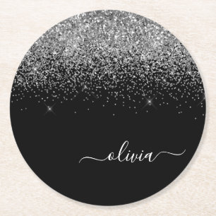 Silver Black Glitter Script Monogram Girly Name Round Paper Coaster
