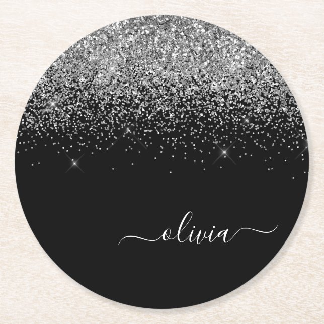 Silver Black Glitter Script Monogram Girly Name Round Paper Coaster (Front)