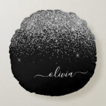 Silver Black Glitter Script Monogram Girly Name Round Pillow<br><div class="desc">Black and Silver Sparkle Glitter Script Monogram Name Pouf Pillow. The pillow makes the perfect sweet 16 birthday,  wedding,  bridal shower,  baby shower or bachelorette party gift for someone decorating her room in rose gold.</div>