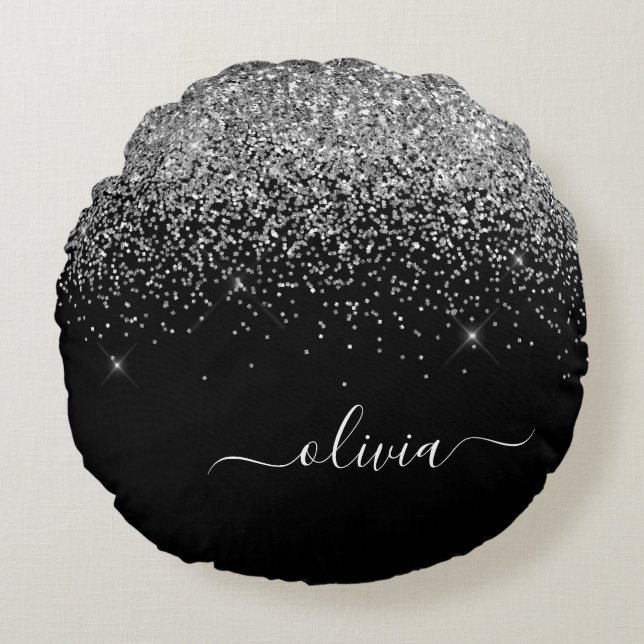 Silver Black Glitter Script Monogram Girly Name Round Pillow (Front)