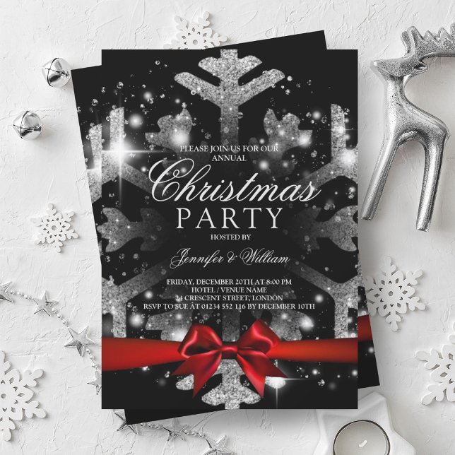 Silver Black Glitter Snowflake & Ribbon Xmas Party Invitation (Silver Black Glitter Snowflake & Ribbon Xmas Party Invitation)