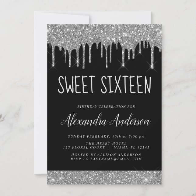 Silver Black Glitter Sparkle Elegant Sweet 16 Invitation (Front)
