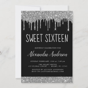 Silver Black Glitter Sparkle Elegant Sweet 16 Invitation