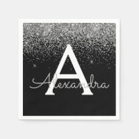 Silver Black Glitter & Sparkle Monogram Birthday