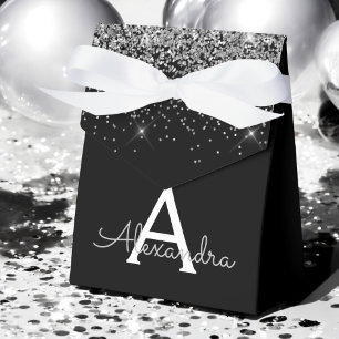 Silver Black Glitter & Sparkle Monogram Favor Box