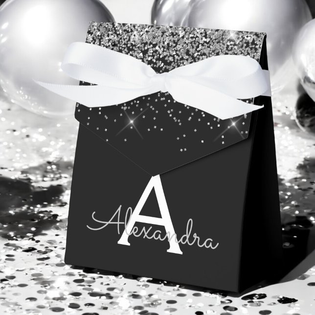 Silver Black Glitter & Sparkle Monogram Favor Box (Creator Uploaded)