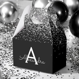 Silver Black Glitter & Sparkle Monogram Favor Box