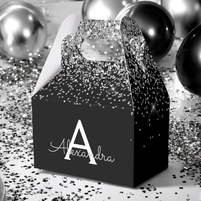 Silver Black Glitter & Sparkle Monogram Favor Box (Creator Uploaded)