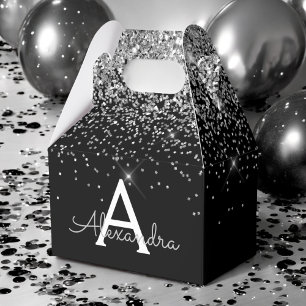 Silver Black Glitter & Sparkle Monogram Favor Box