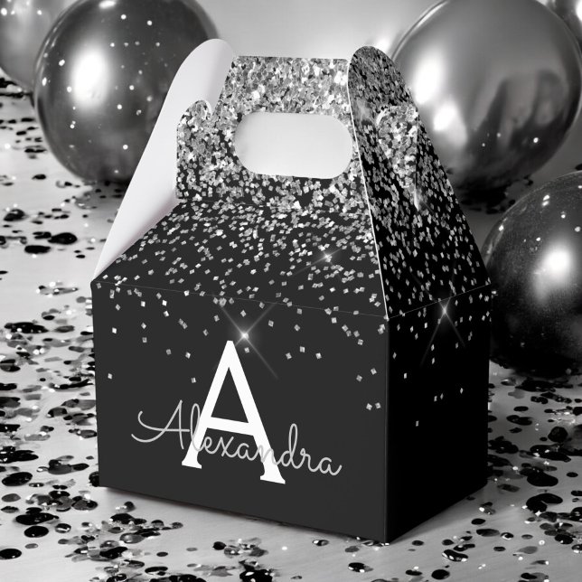 Silver Black Glitter & Sparkle Monogram Favor Box (Creator Uploaded)