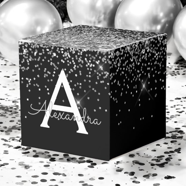 Silver Black Glitter & Sparkle Monogram Favor Box (Creator Uploaded)