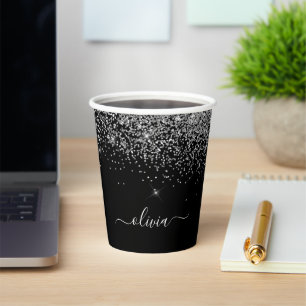 Silver Black Glitter Sparkle Monogram Paper Cups