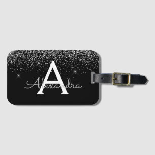 Silver Black Glitter & Sparkle Monogram Travel Luggage Tag