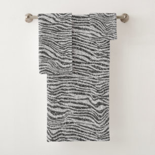 Silver Black Glitzy Zebra Print Glitter      Bath Towel Set
